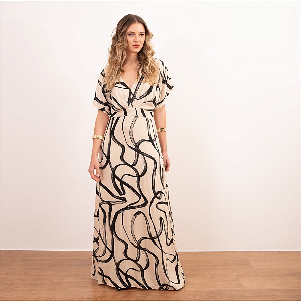 Vestido Longo Manga Morcego Estampado