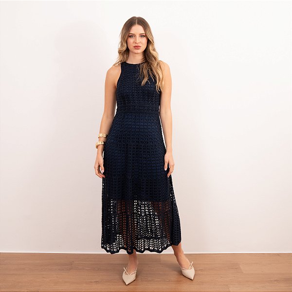 Vestido Midi Tricot Vazado Evasê