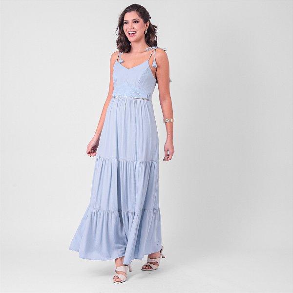 Vestido Longo Com Detalhe Em Renda E Alça Com Pingente