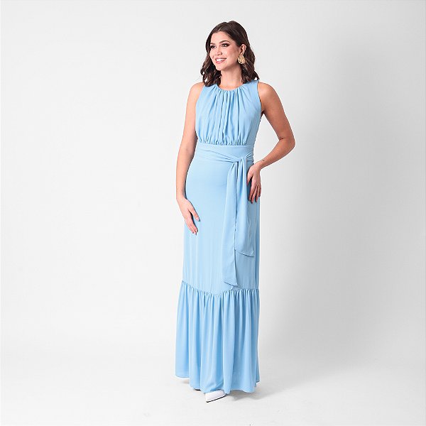 Vestido Longo Com Pregas E Amarração