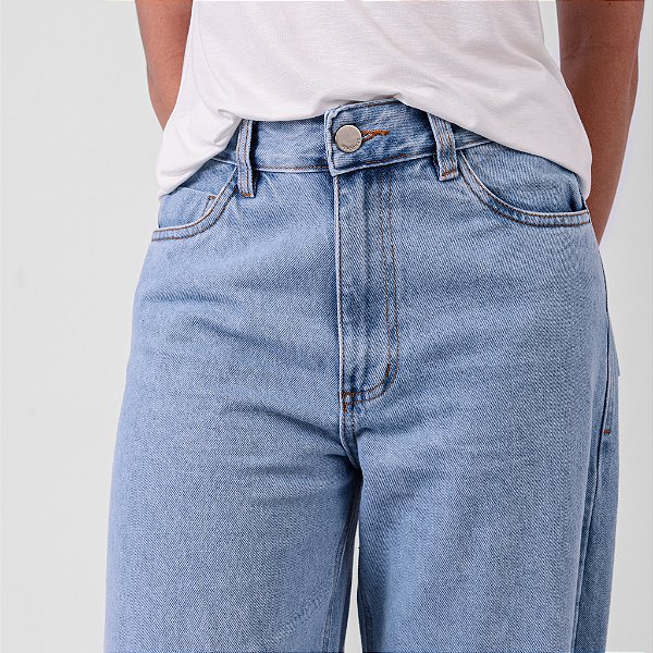 Calça Jeans Wide Leg Com Bolsos Feminina