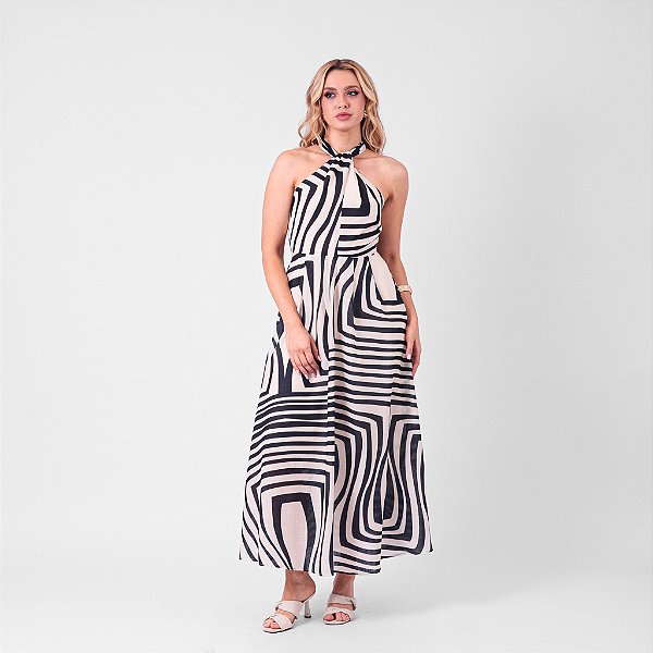 Vestido Midi Estampado Alça Com Amarração
