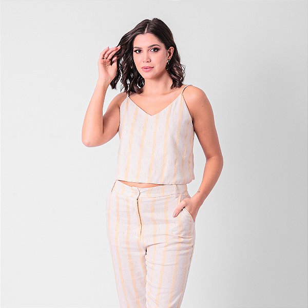 Blusa Curta Em Linho Decote V Listrado Feminina