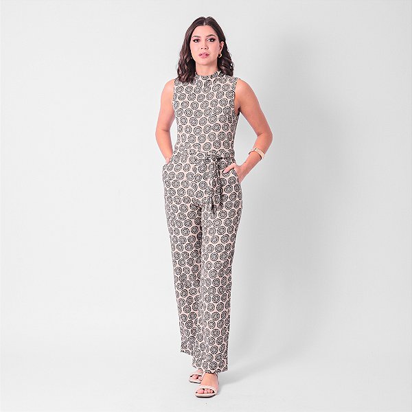 Macacão Reto Estampado Com Gola E Faixa