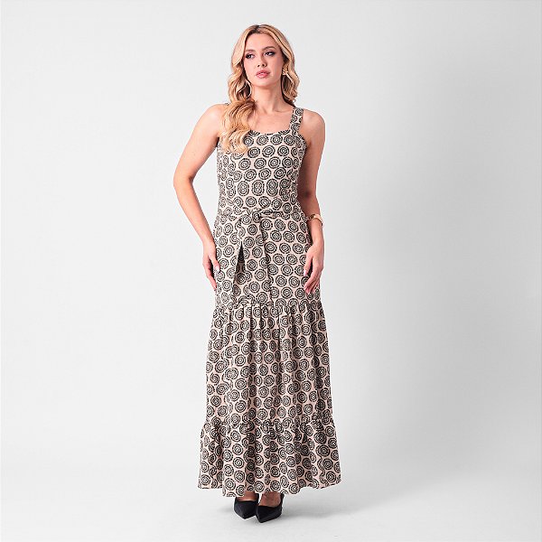 Vestido Longo Estampado Com Recorte Franzido E Faixa