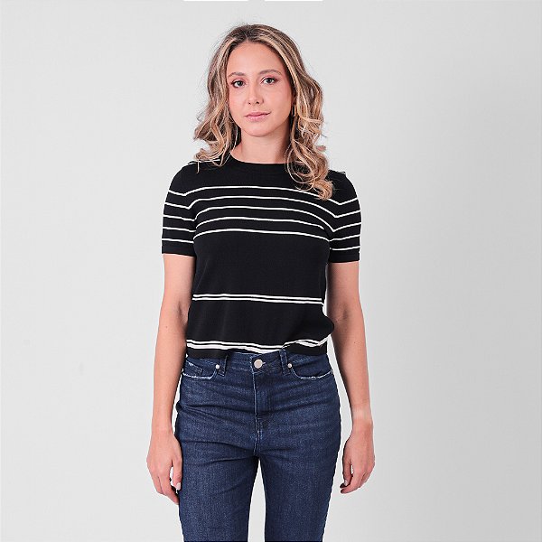 Blusa Tricot Com Listras Manga Curta Feminina