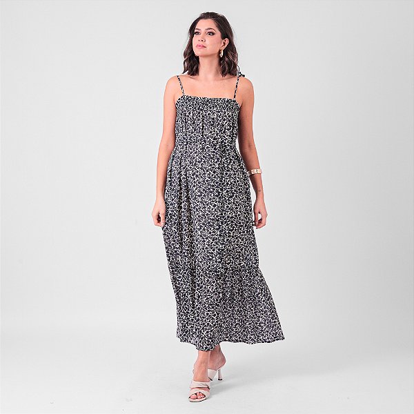 Vestido Midi Com Bolsos Estampa Liberty Decote Com Elástico E Alça Com Amarração E Faixa
