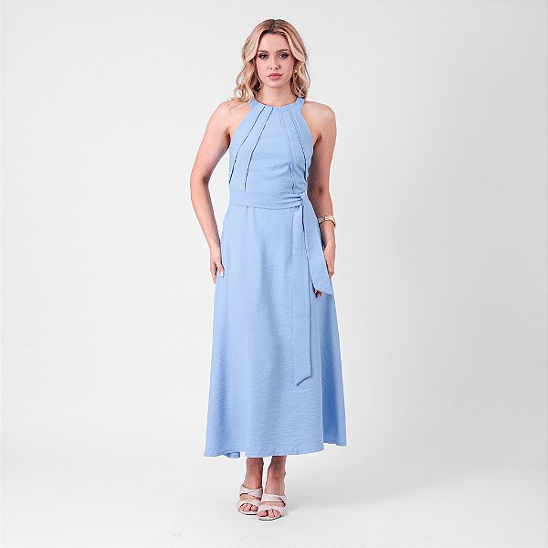 Vestido Midi Evasê Cava Americana Com Detalhe Viés Na Frente