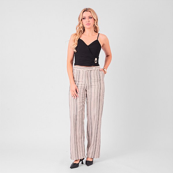 Calça Em Linho Listrado Com Bolsos Feminino