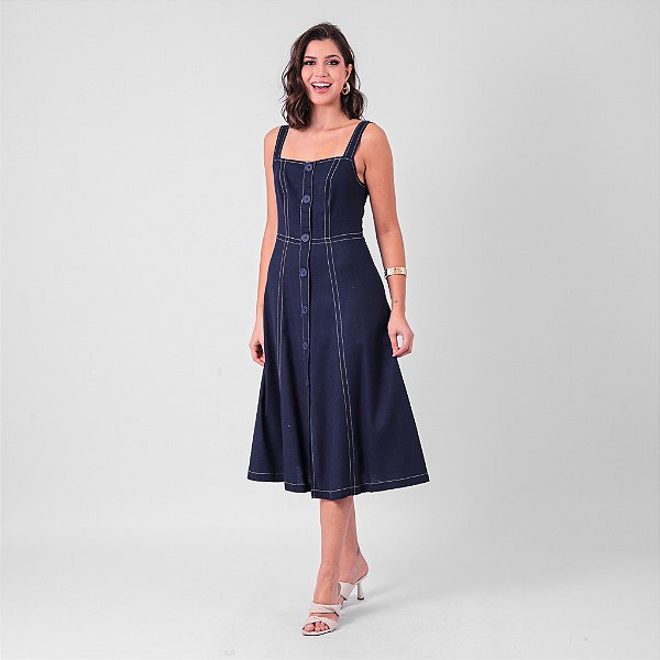 Vestido Midi Em Linho Com Botões E Pespontos Contrastante