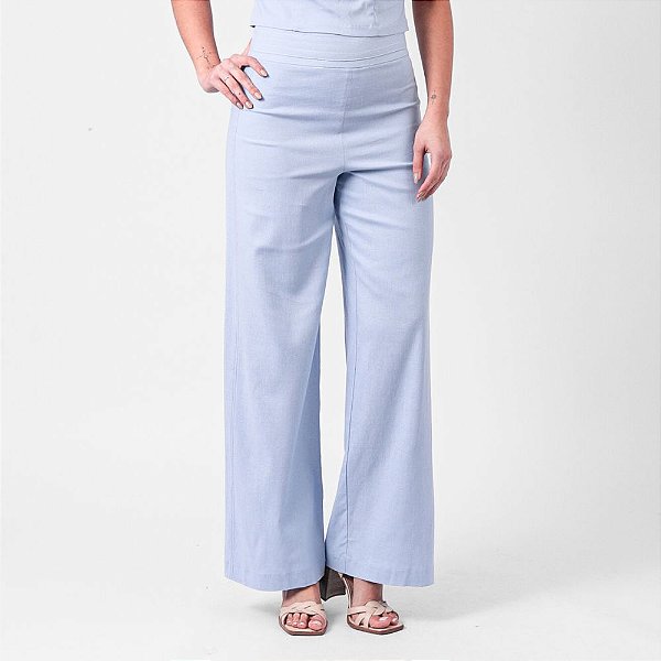 Calça Reta Em Linho Com Pespontos Contrastante