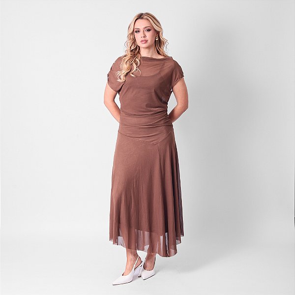 Vestido Midi Em Tule Assimétrico Com Franzidos
