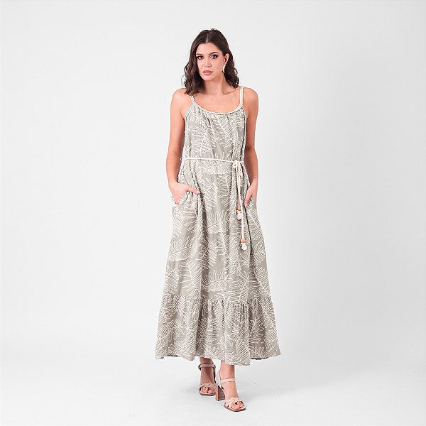Vestido Midi Bordado Com Alça Trançada E Cordão