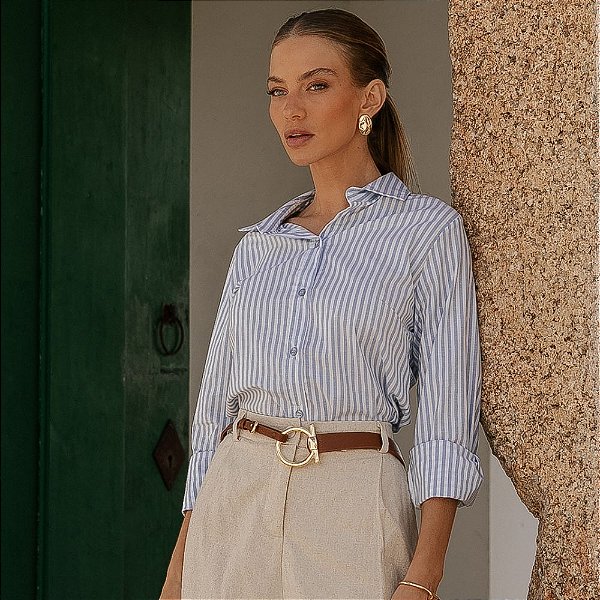 Camisa Listrada Manga Longa com Elastano Feminina