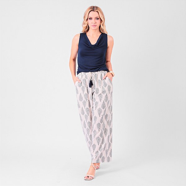 Calça Estampada Em Linho Cós Com Elástico E Cordão Feminina