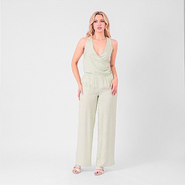 Calça Pantalona Linho Cós Com Elástico Feminina
