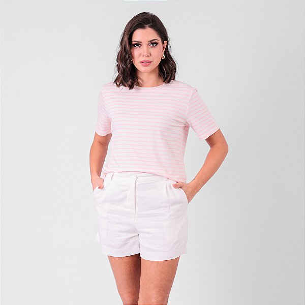 Blusa Decote Redondo Listrada Com Elastano Feminina