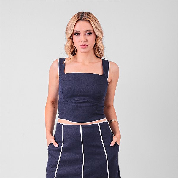 Regata Em Linho Decote Quadrado Com Vivos Contrastantes Feminino