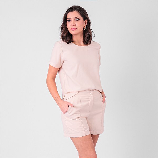 Blusa Manga Curta Com Botões Forrados No Ombro Feminina