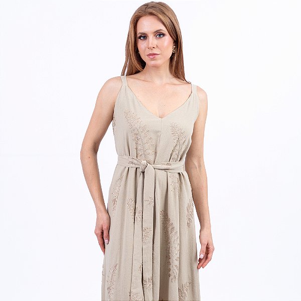 Vestido Longo Bordado Decote V Com Faixa Feminino