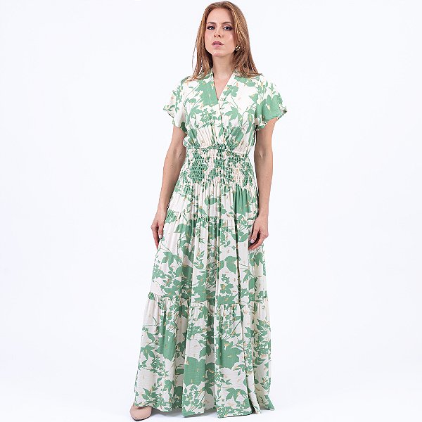Vestido Longo Manga Curta Com Lastex Estampa Floral