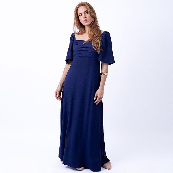 Vestido Longo Com Pregas E Manga Flare