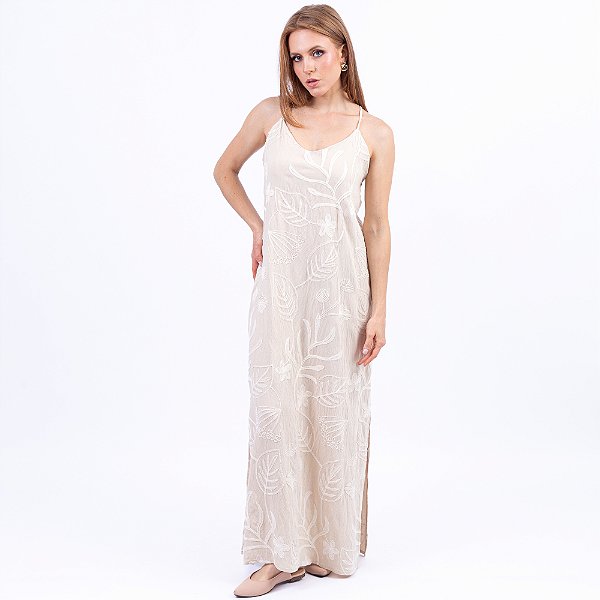 Vestido Midi Bordado Alça Trançada Com Amarração