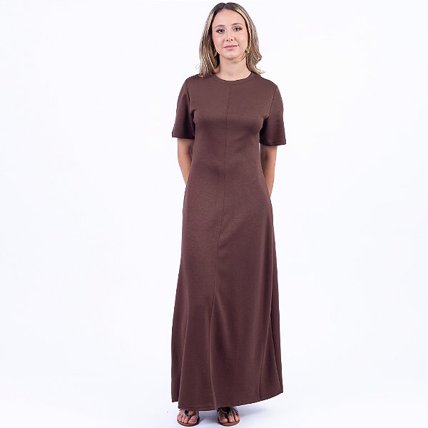 Vestido Longo com Manga Curta e Detalhes de Nervura