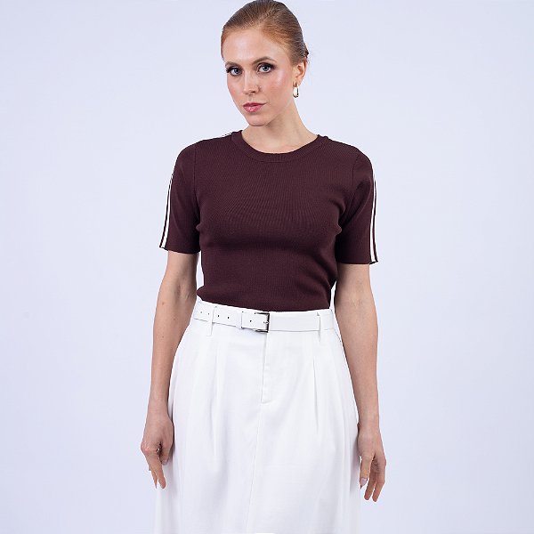 Blusa Tricot Decote Redondo com Faixa Contrastante Feminina
