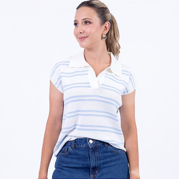 Blusa Tricot Manga Curta Sem Cava com Gola Polo Feminina