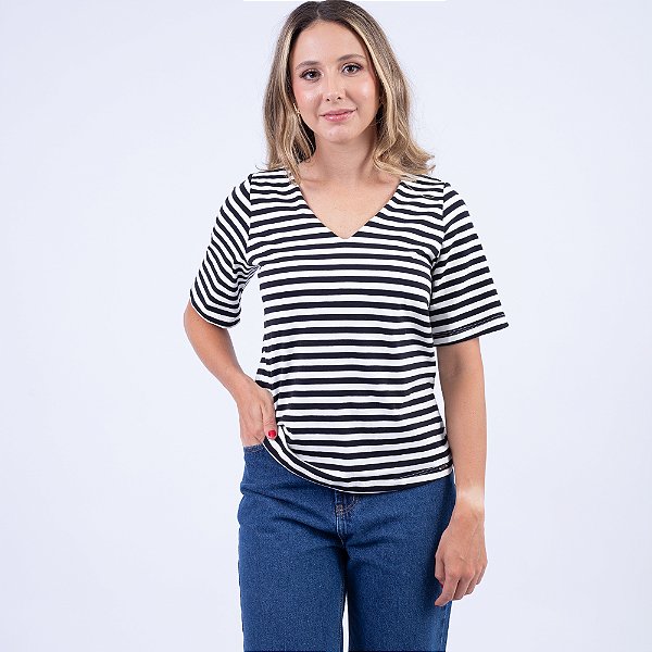 Blusa Listrada Decote V com Manga Ampla Feminina
