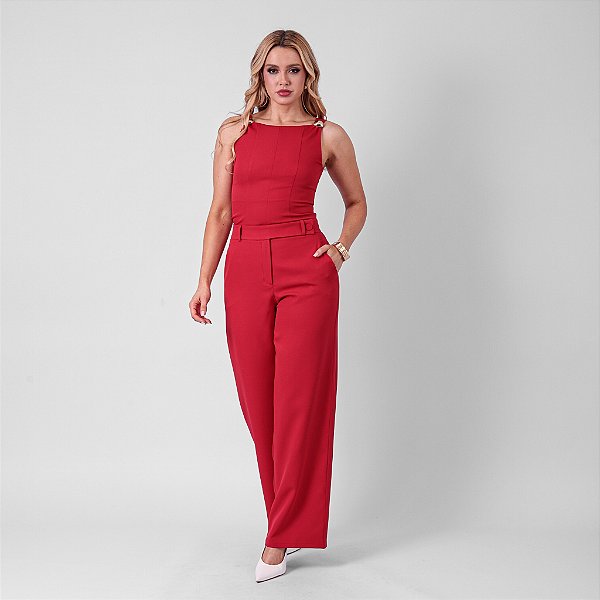 Calça Reta Alfaiataria Bolso Faca com Passantes e Botão Forrado Feminina