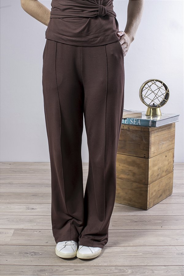 Calça Reta Feminina Com Elástico E Nervura Frontal