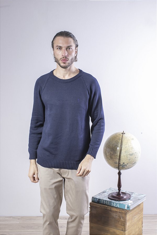 Blusa Tricot Masculina Manga Raglan Decote Redondo