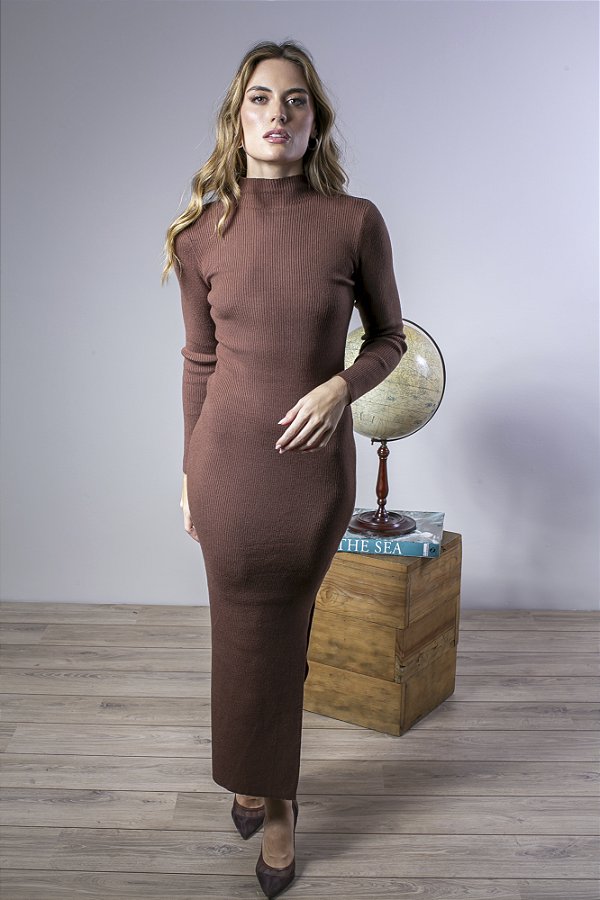 Vestido Longo Tricot Canelado com Gola e Fenda