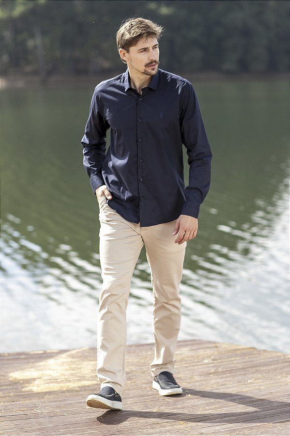 Camisa Masculina em Tricoline com Elastano