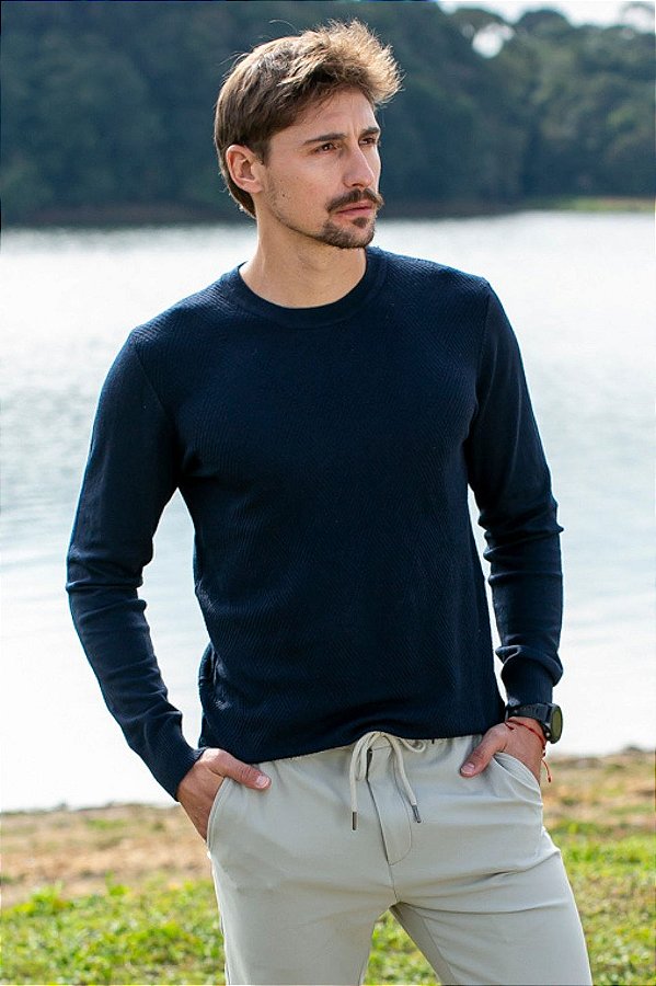Blusa Tricot Texturizada Masculina Decote Redondo