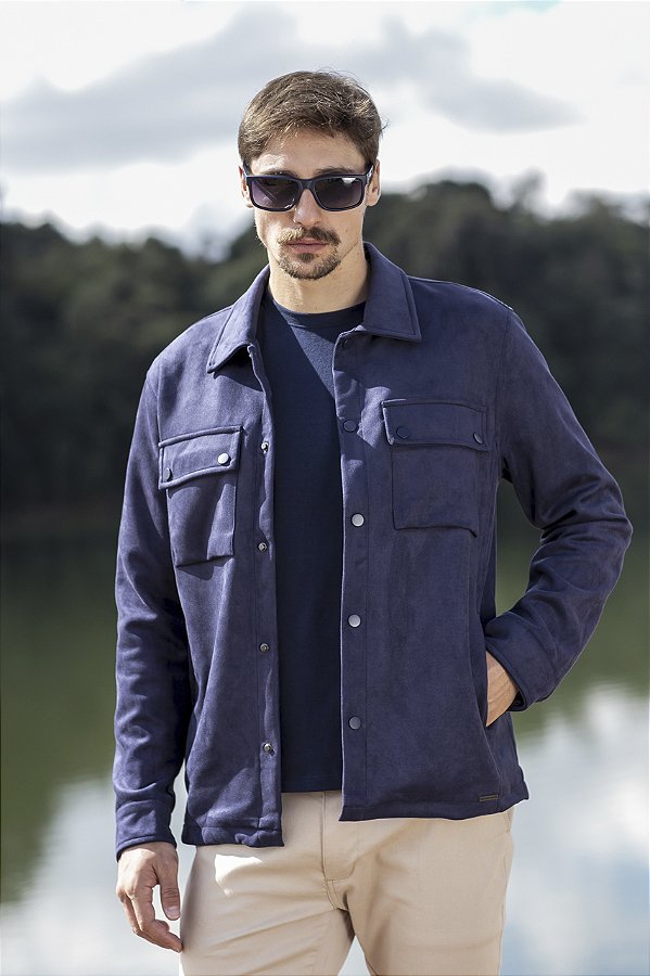 Jaqueta em Suede Masculina com Bolsos e Botões