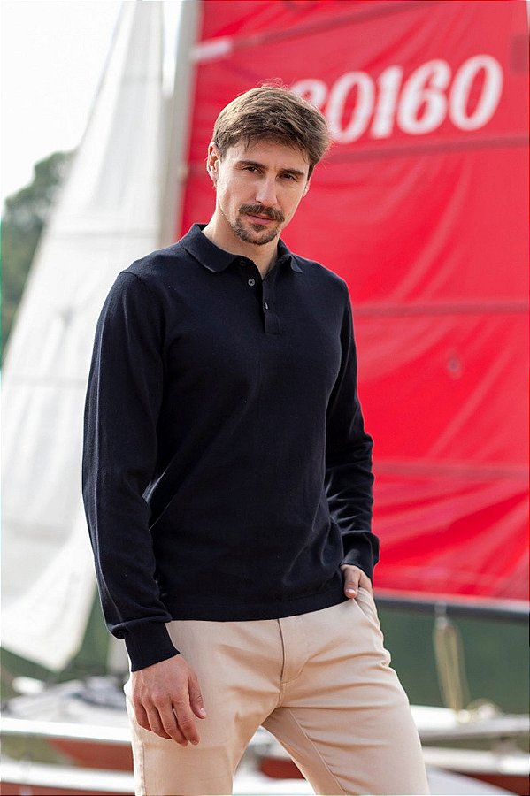 Polo Tricot Masculina em Algodão Manga Longa