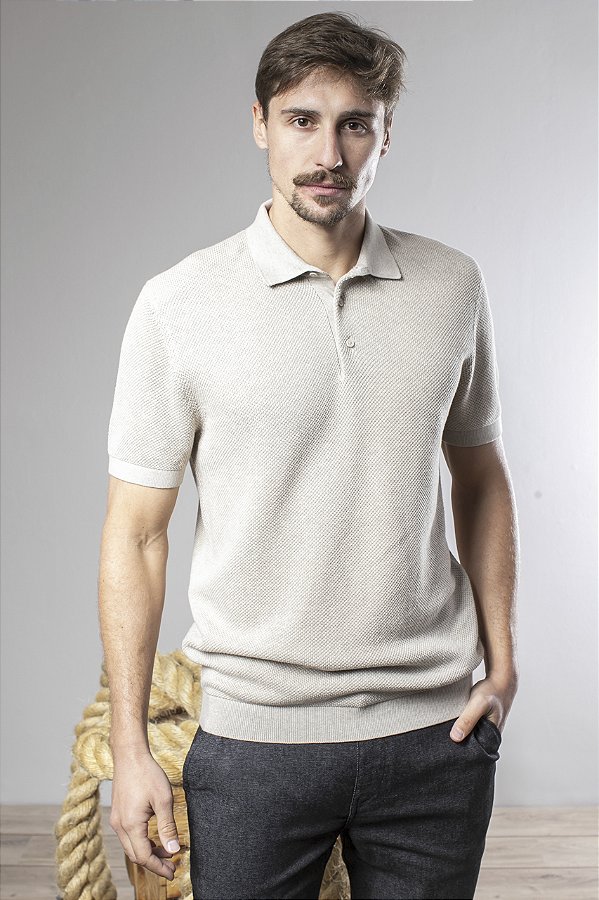 Polo Tricot Masculina em Algodão Texturizada Manga Curta