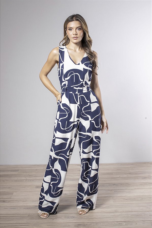 Macacão Longo Estampado Decote V Com Faixa