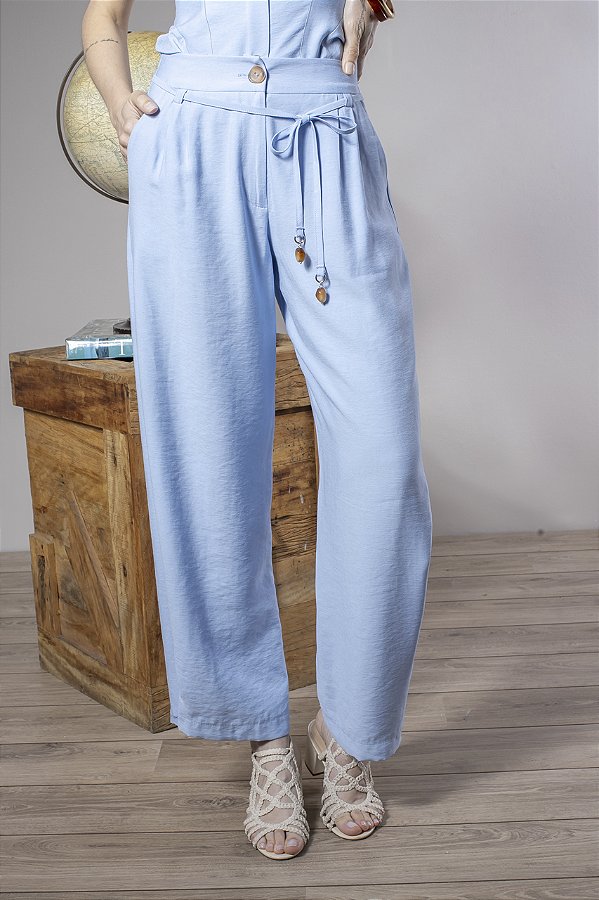 Calça Alfaiataria Pantalona Feminina Com Pregas E Ajuste Botão Na Barra