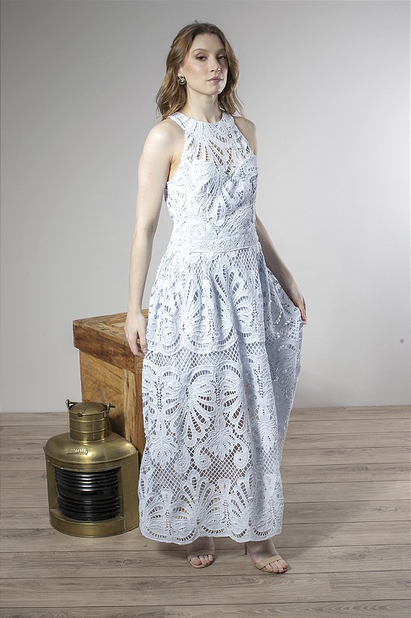 Vestido Midi Em Renda Vazada E Cava Americana