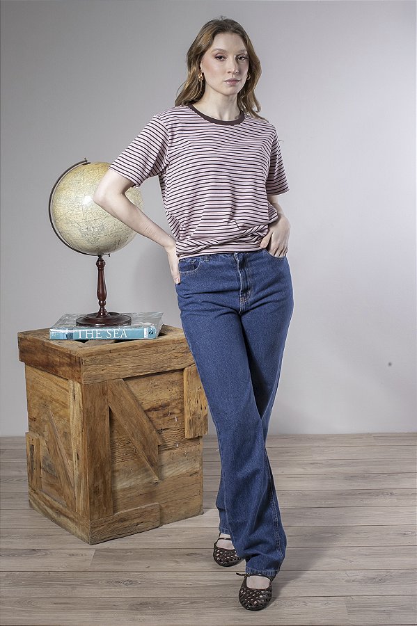 Blusa T-Shirt Feminina Listrada Gola Redonda