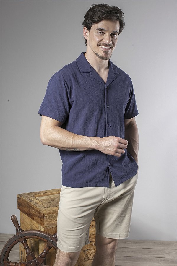 Camisa Masculina Manga Curta Em Algodão Gola Havaiana