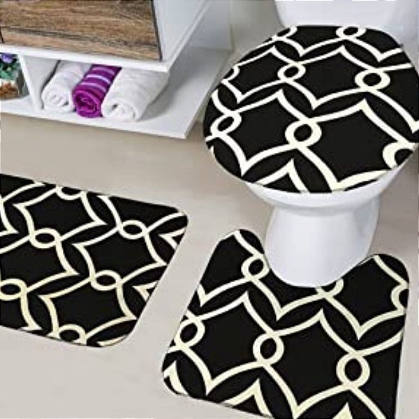 Conjunto de tapetes de banheiro 3 peças preto com creme - Lojas Lares