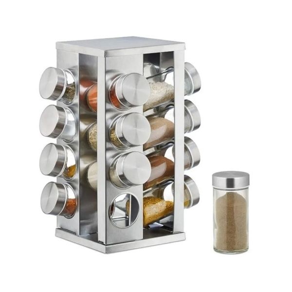 PORTA TEMPEROS E CONDIMENTOS GIRATORIO DE VIDRO E INOX 16 PEÇAS