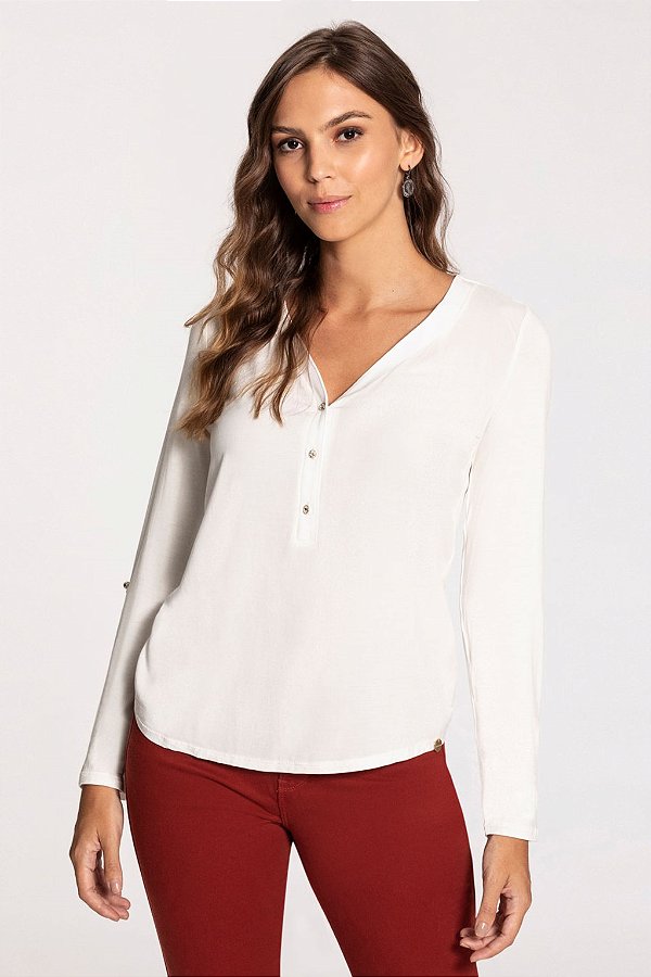 Camisa Feminina Off-White Tecido Rayon Bali e Malha Lunender