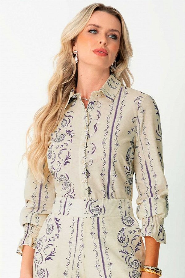 CAMISA FEMININA DE BOTÃO COM ESTAMPA ROTATIVA GRIS