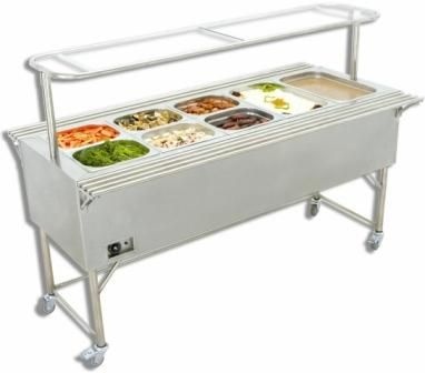 Self Service Térmico de Centro p/ 05 cubas 1/1x100 c/ corre bandejas inox e cobertura de vidro